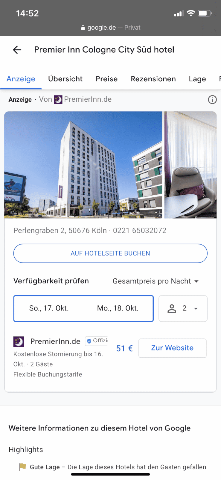 Google Hotel Ads - mobile Ansicht
