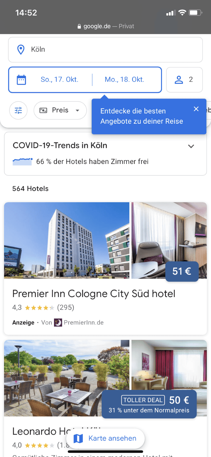 Google Hotel Ads - mobile Ansicht