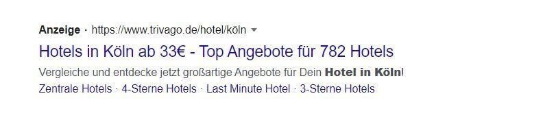 Konventionelle Hotelanzeige bei Google